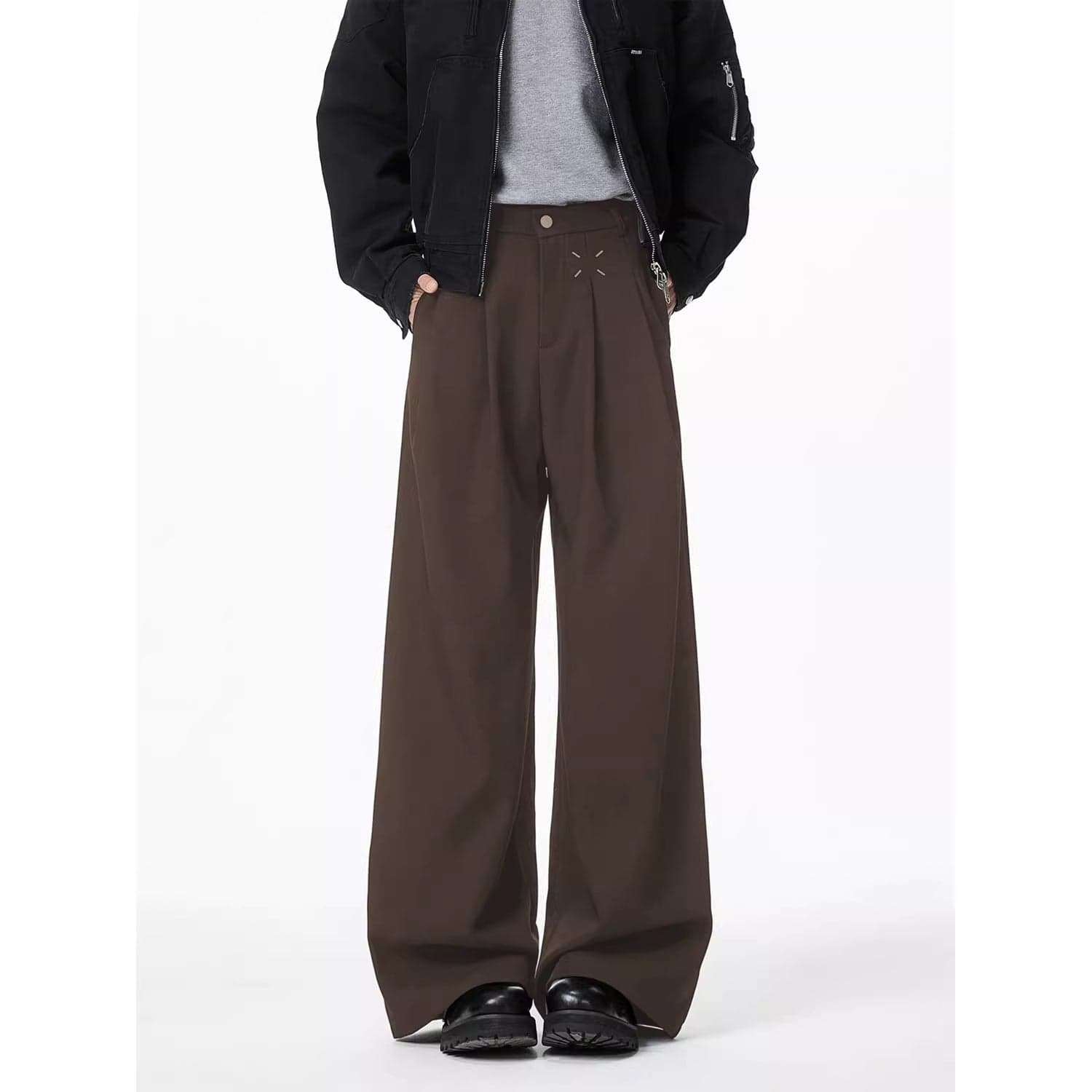 American Retro Black Fleece-Lined Wide-Leg Trousers – Men's Loose Fit Straight Casual Pants for Autumn & Winter