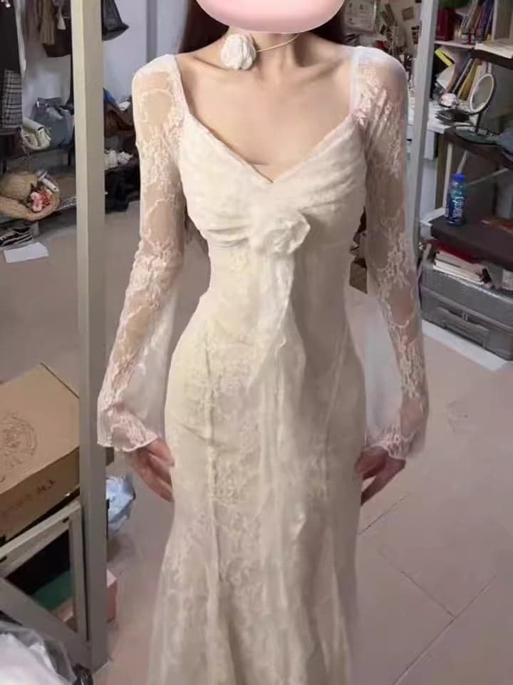 Women’s V-Neck Lace Patchwork Floral Long Sleeve Dress