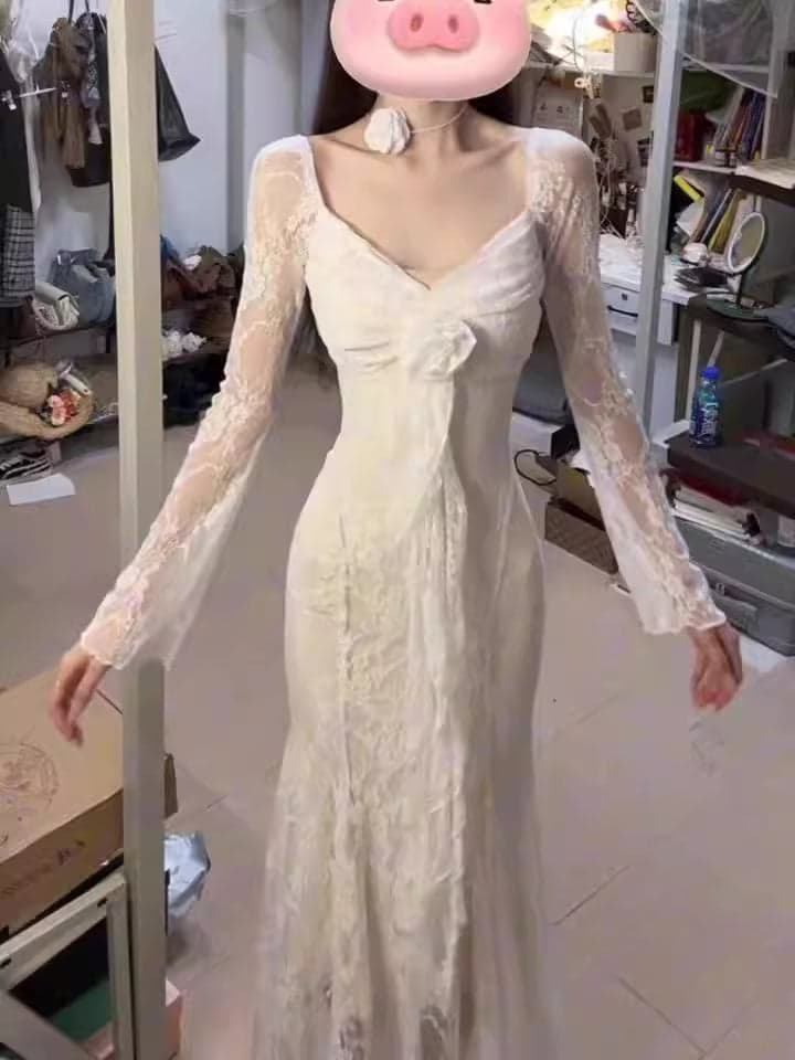Women’s V-Neck Lace Patchwork Floral Long Sleeve Dress