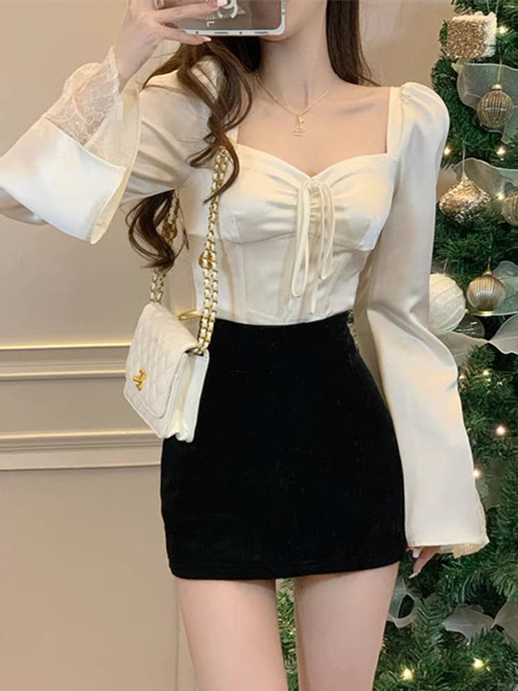 Women’s French Style Patchwork Square Neck White Blouse – Unique Short Fit Long Sleeve Winter Top