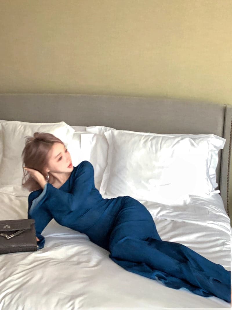 Blue Vintage Slim Long Sleeve Bodycon Dress