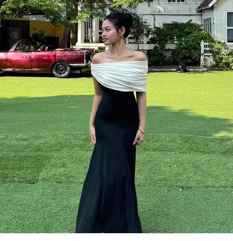 Women’s Color-Block Pleated Off-Shoulder Maxi Dress