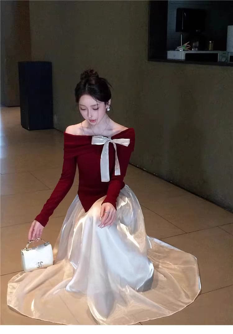Red Off Shoulder Knit Top Women Slim Fit Elegant Base Layer