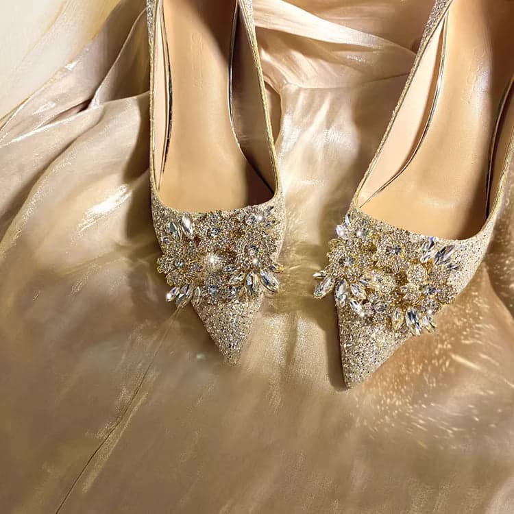 Champagne Crystal Bridal High Heels – Dual Wear Wedding Shoes & Gown, Comfortable Rhinestone Pumps