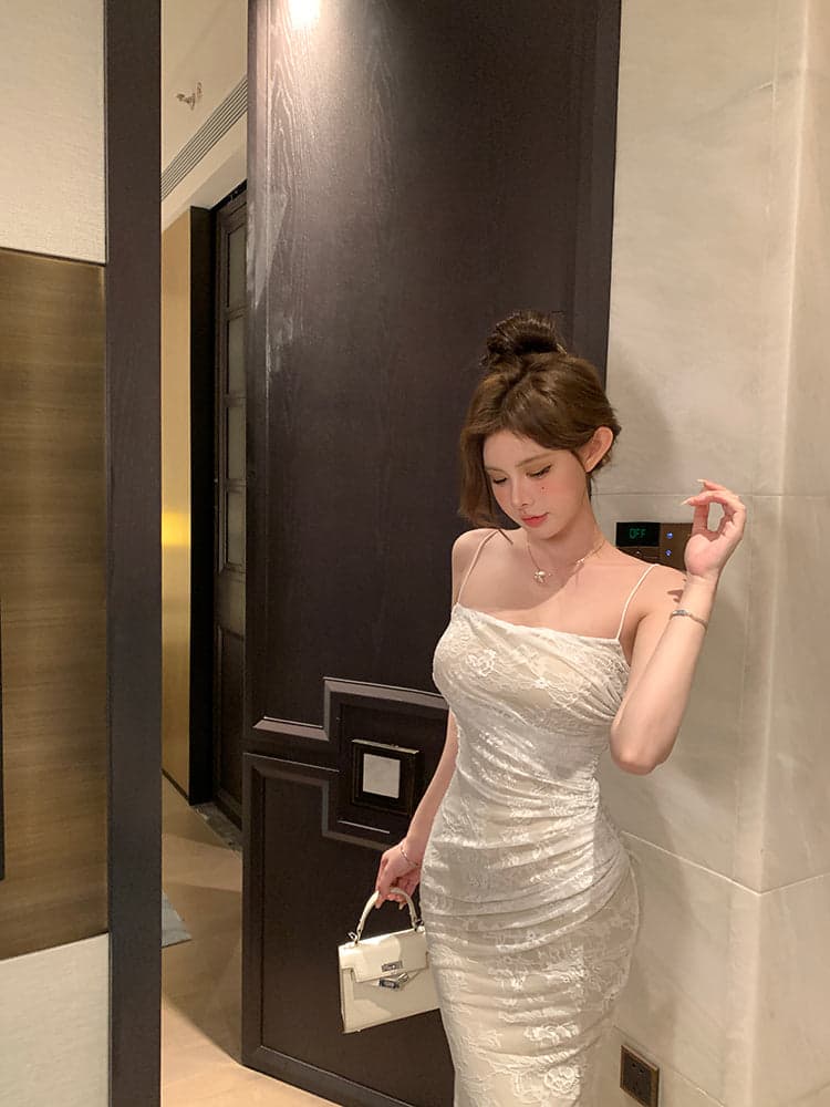 Women's White Lace Backless Ruched Camisole Bodycon Maxi Dress