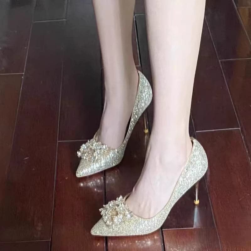 Champagne Crystal Bridal High Heels – Dual Wear Wedding Shoes & Gown, Comfortable Rhinestone Pumps