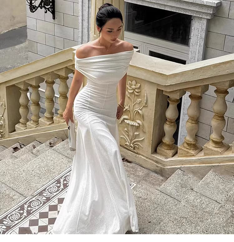 Women’s Color-Block Pleated Off-Shoulder Maxi Dress