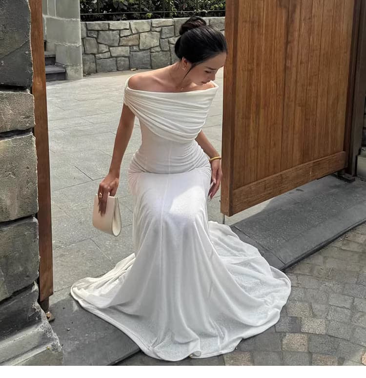 Women’s Color-Block Pleated Off-Shoulder Maxi Dress