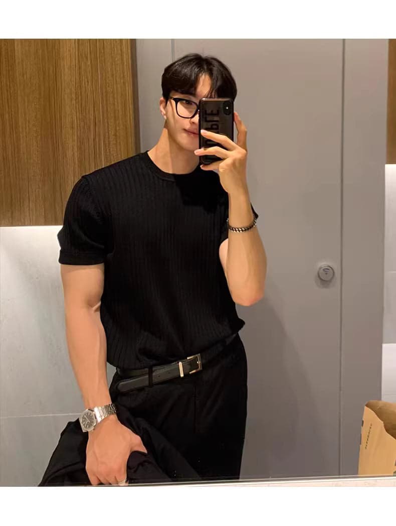 Men’s Slim Fit Ice Silk Striped Knit T-Shirt – Lightweight Draped Short Sleeve Top