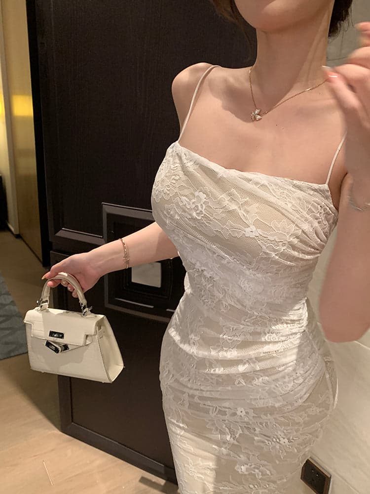 Women's White Lace Backless Ruched Camisole Bodycon Maxi Dress