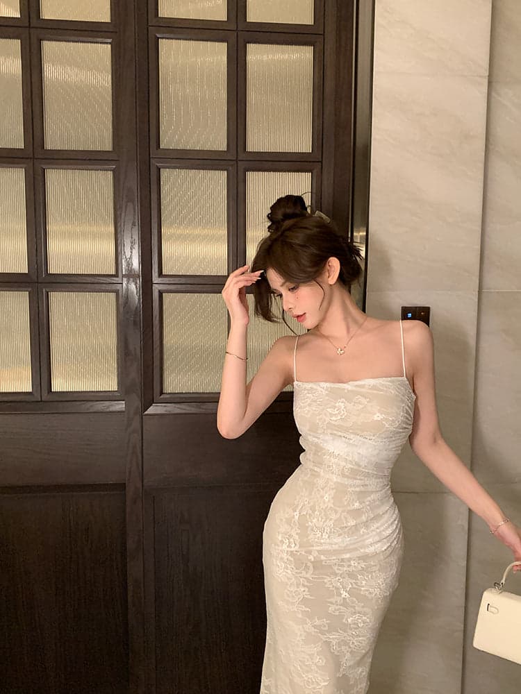 Women's White Lace Backless Ruched Camisole Bodycon Maxi Dress