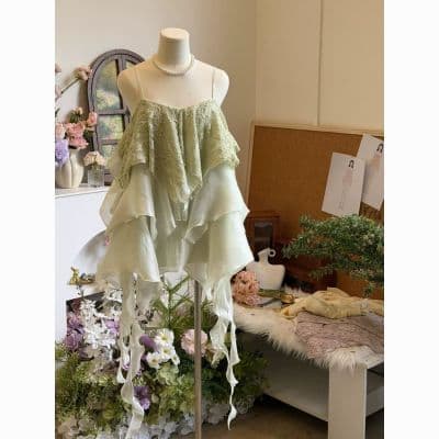 Green Ruffle Lace Chiffon Tube Top for Women