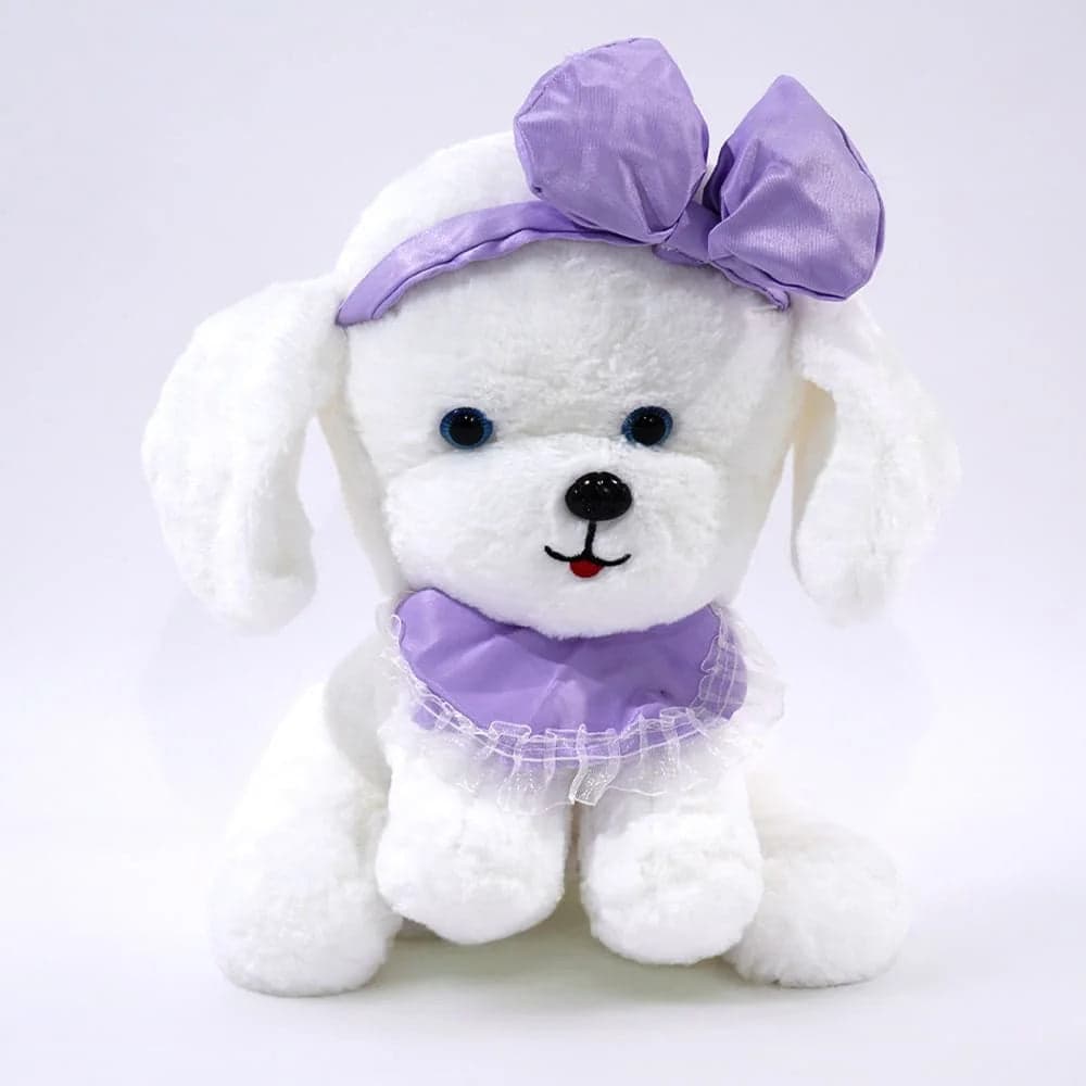 Adorable White Maltese Puppy Plush Toy – Soft Huggable Dog Stuffed Animal with Purple Bow