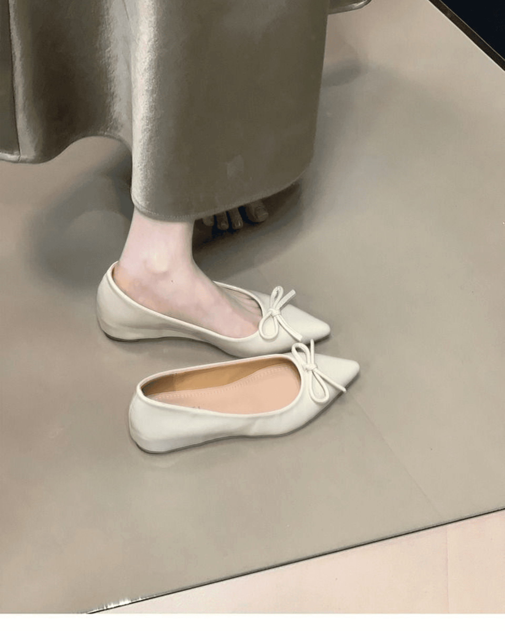 Nude Bow Mary Jane Flats – Pointed Toe Hidden Wedge Soft Leather Women’s Shoes