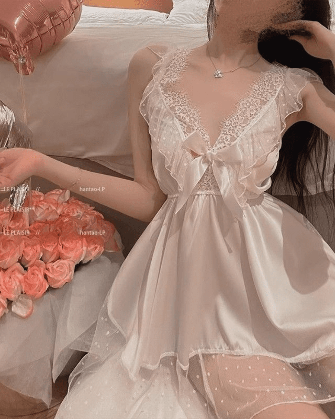 Plus Size Lace Bow Ice Silk Nightdress