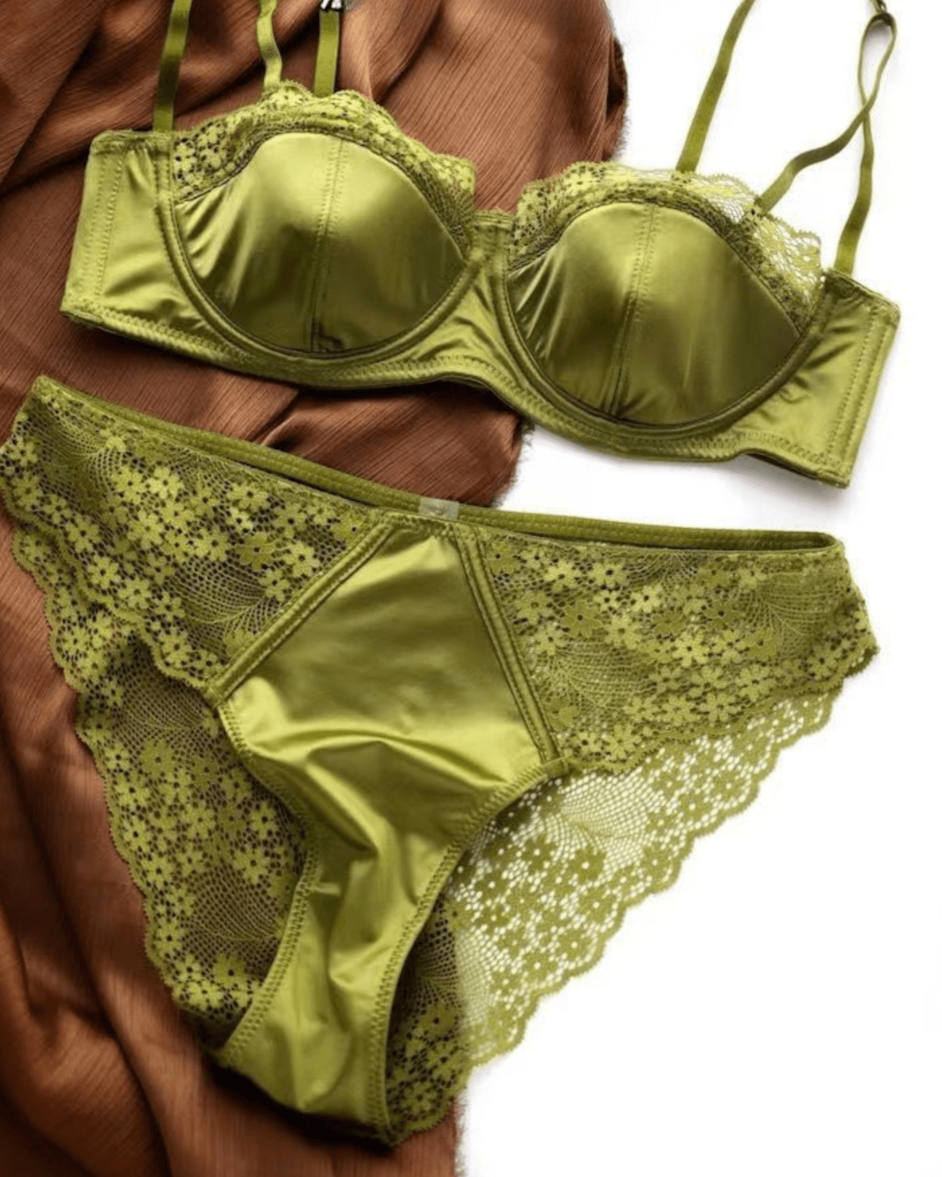 European Satin Half Cup Push-Up Bra Set – Green Lace Trim Underwire Lingerie