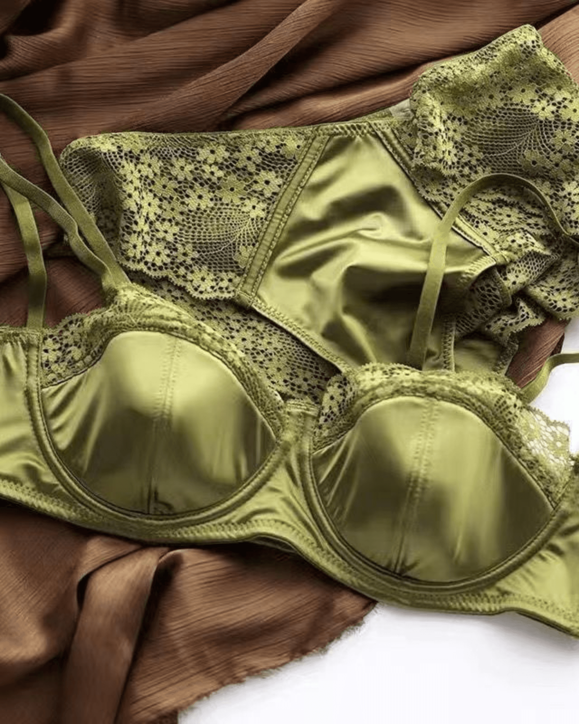 European Satin Half Cup Push-Up Bra Set – Green Lace Trim Underwire Lingerie