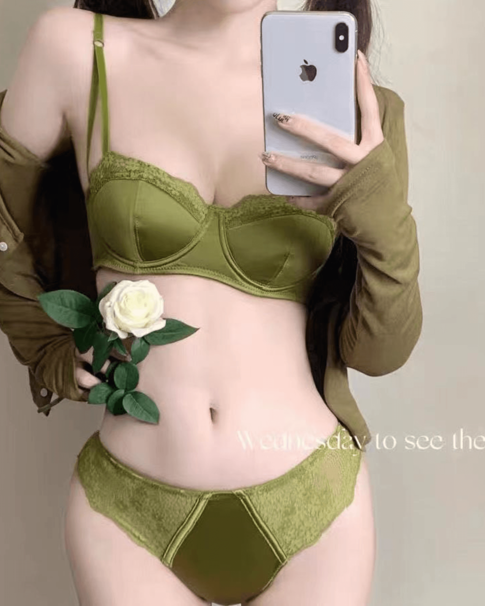 European Satin Half Cup Push-Up Bra Set – Green Lace Trim Underwire Lingerie