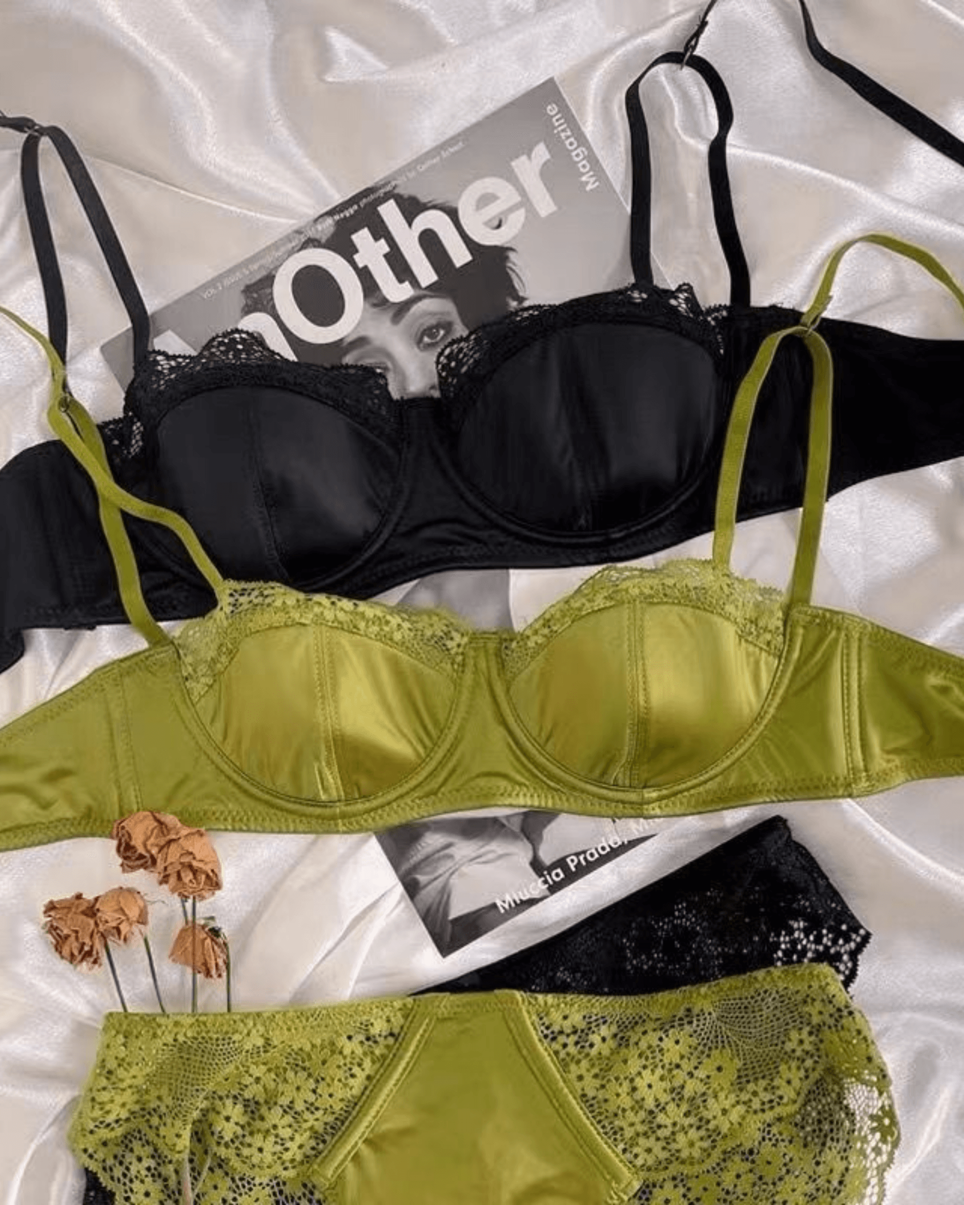 European Satin Half Cup Push-Up Bra Set – Green Lace Trim Underwire Lingerie