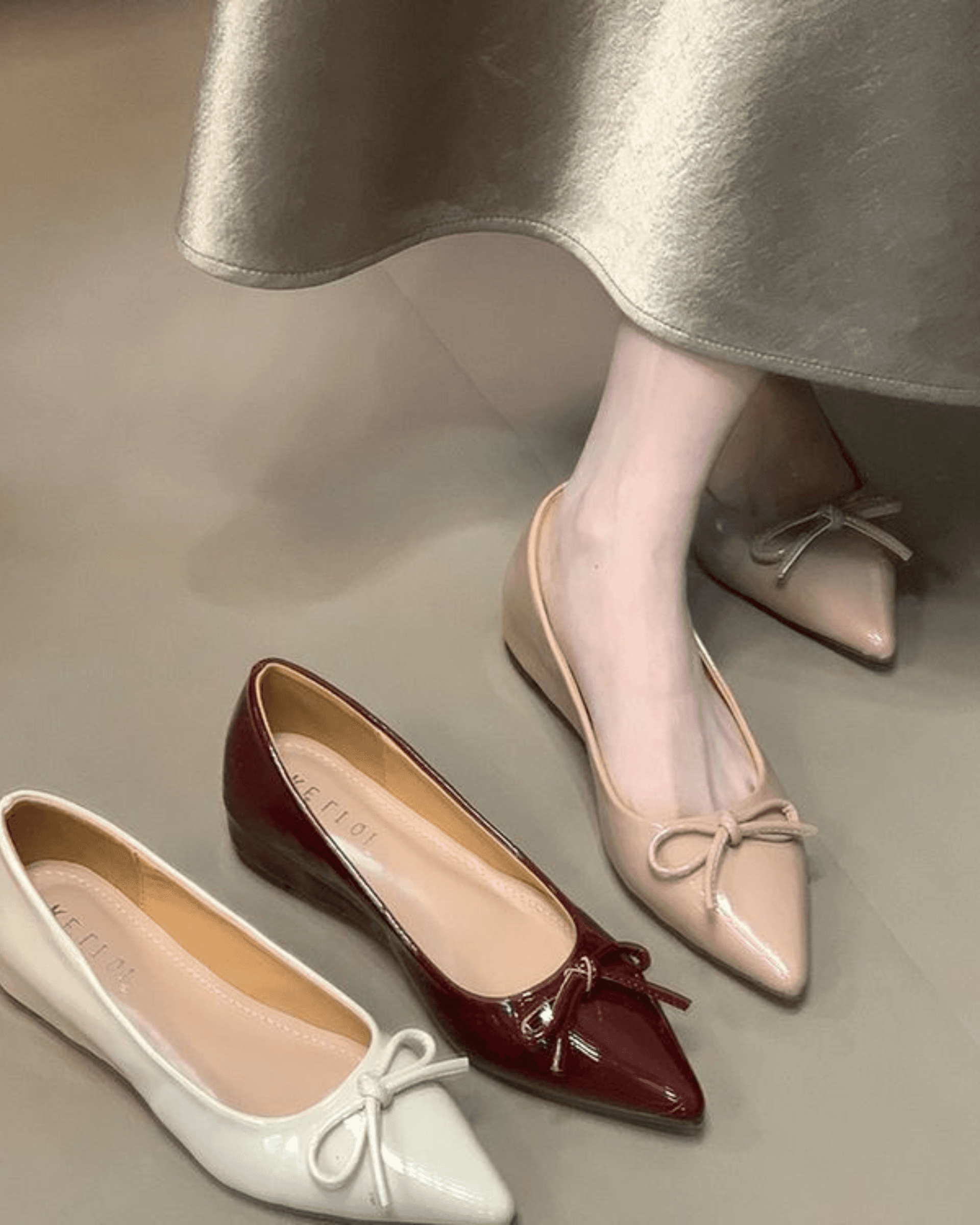 Nude Bow Mary Jane Flats – Pointed Toe Hidden Wedge Soft Leather Women’s Shoes