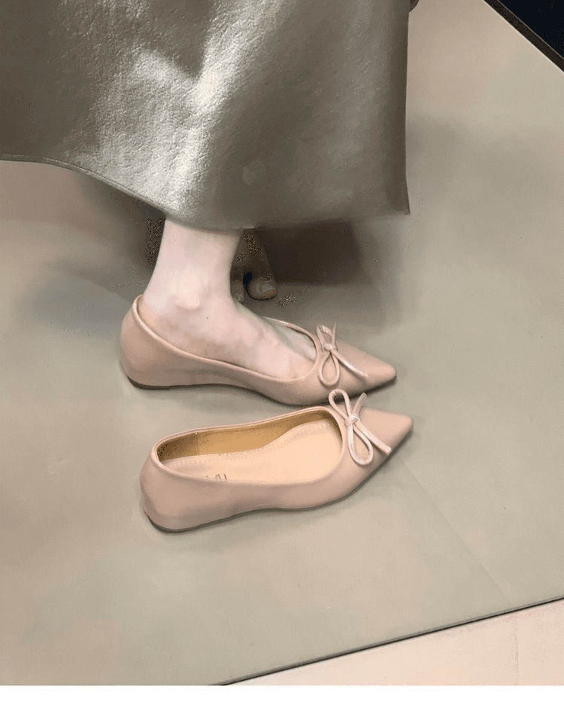 Nude Bow Mary Jane Flats – Pointed Toe Hidden Wedge Soft Leather Women’s Shoes