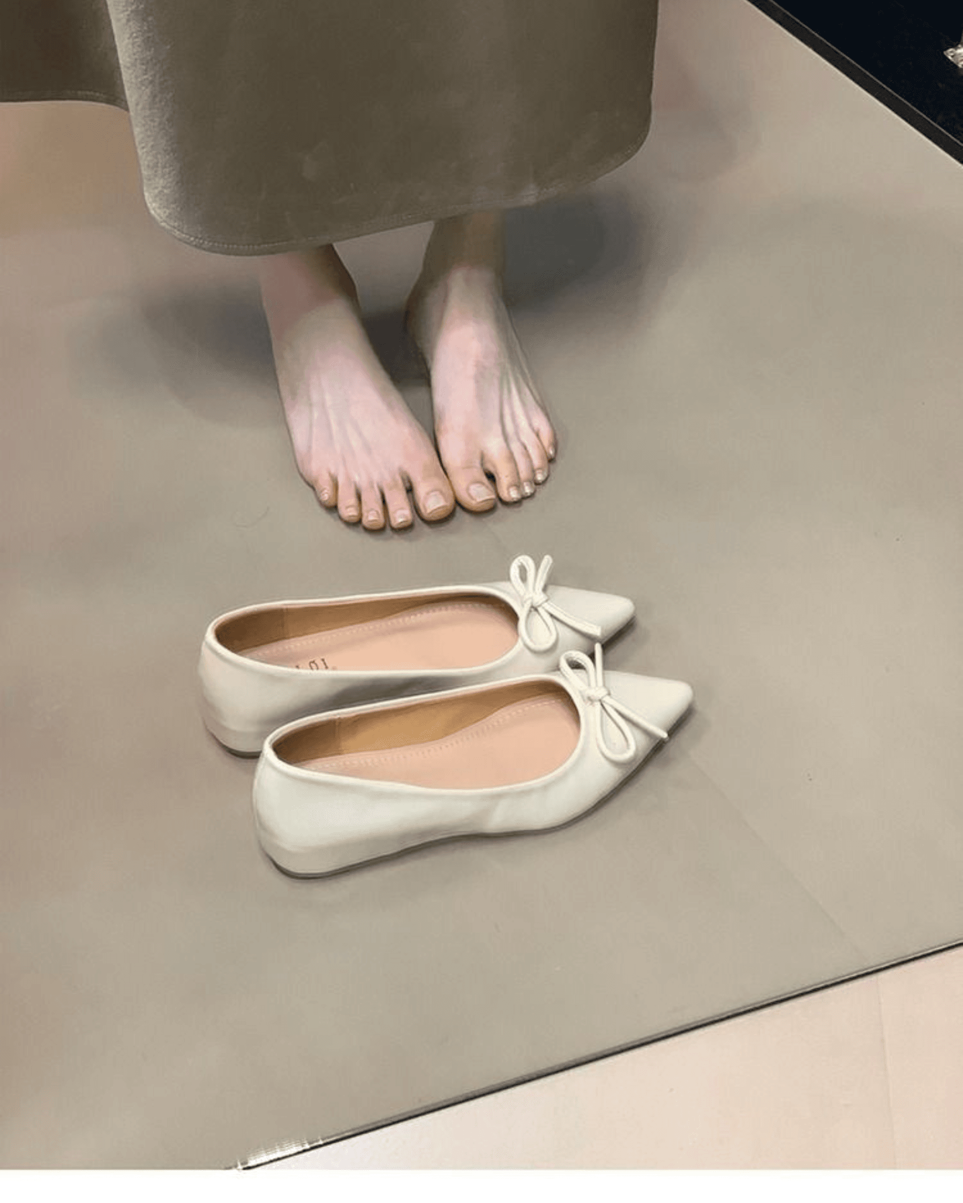 Nude Bow Mary Jane Flats – Pointed Toe Hidden Wedge Soft Leather Women’s Shoes