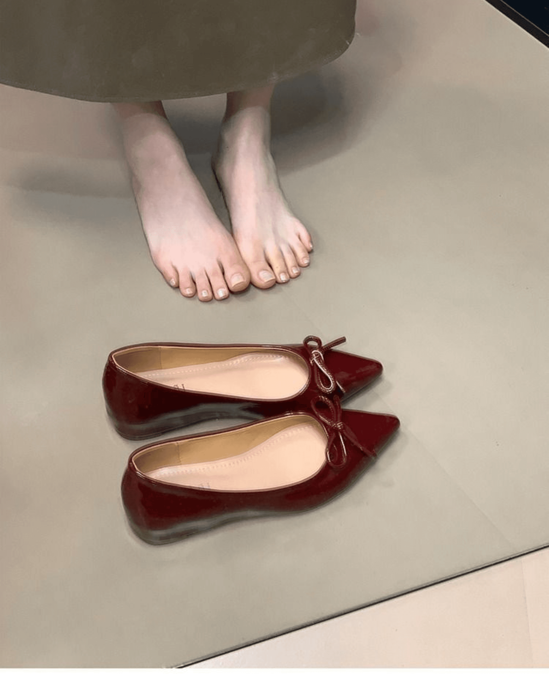 Nude Bow Mary Jane Flats – Pointed Toe Hidden Wedge Soft Leather Women’s Shoes