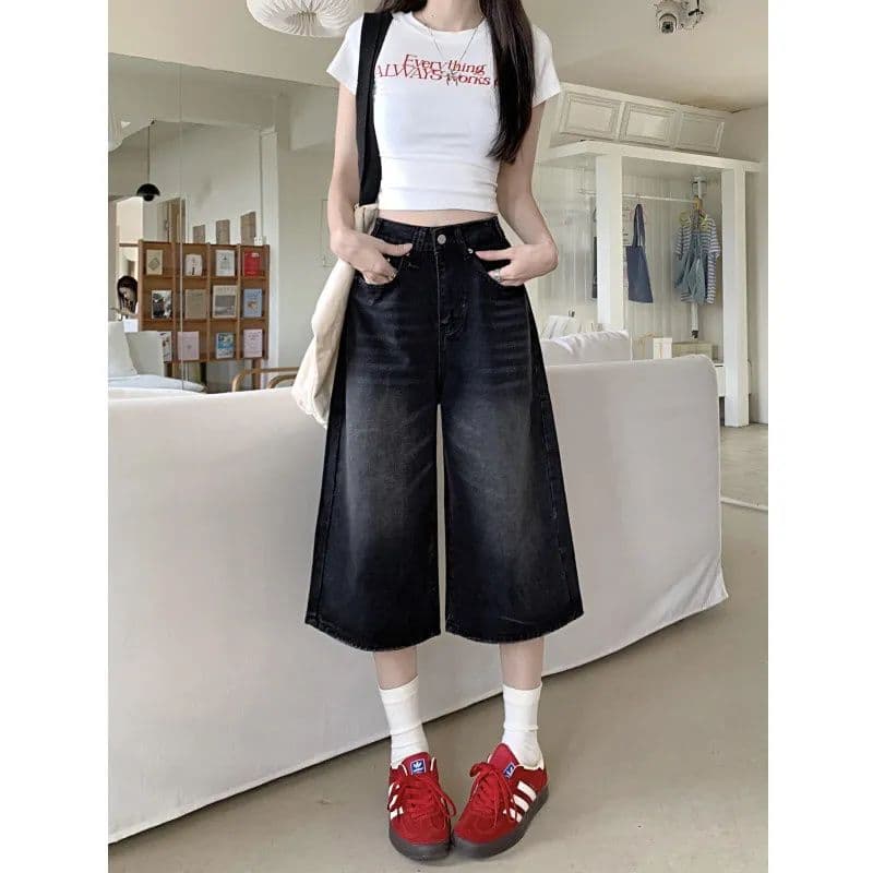 Women’s Black Vintage High-Waist Washed Denim Culotte Shorts – Loose Wide-Leg Fit