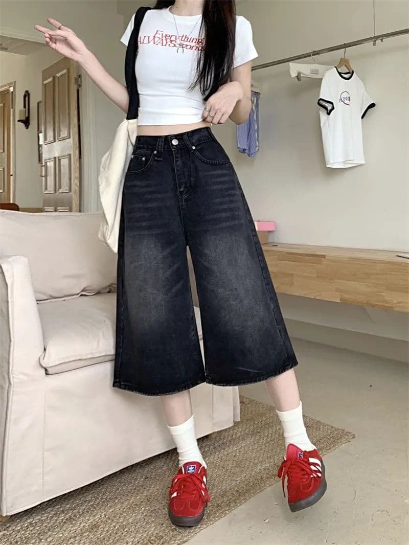 Women’s Black Vintage High-Waist Washed Denim Culotte Shorts – Loose Wide-Leg Fit