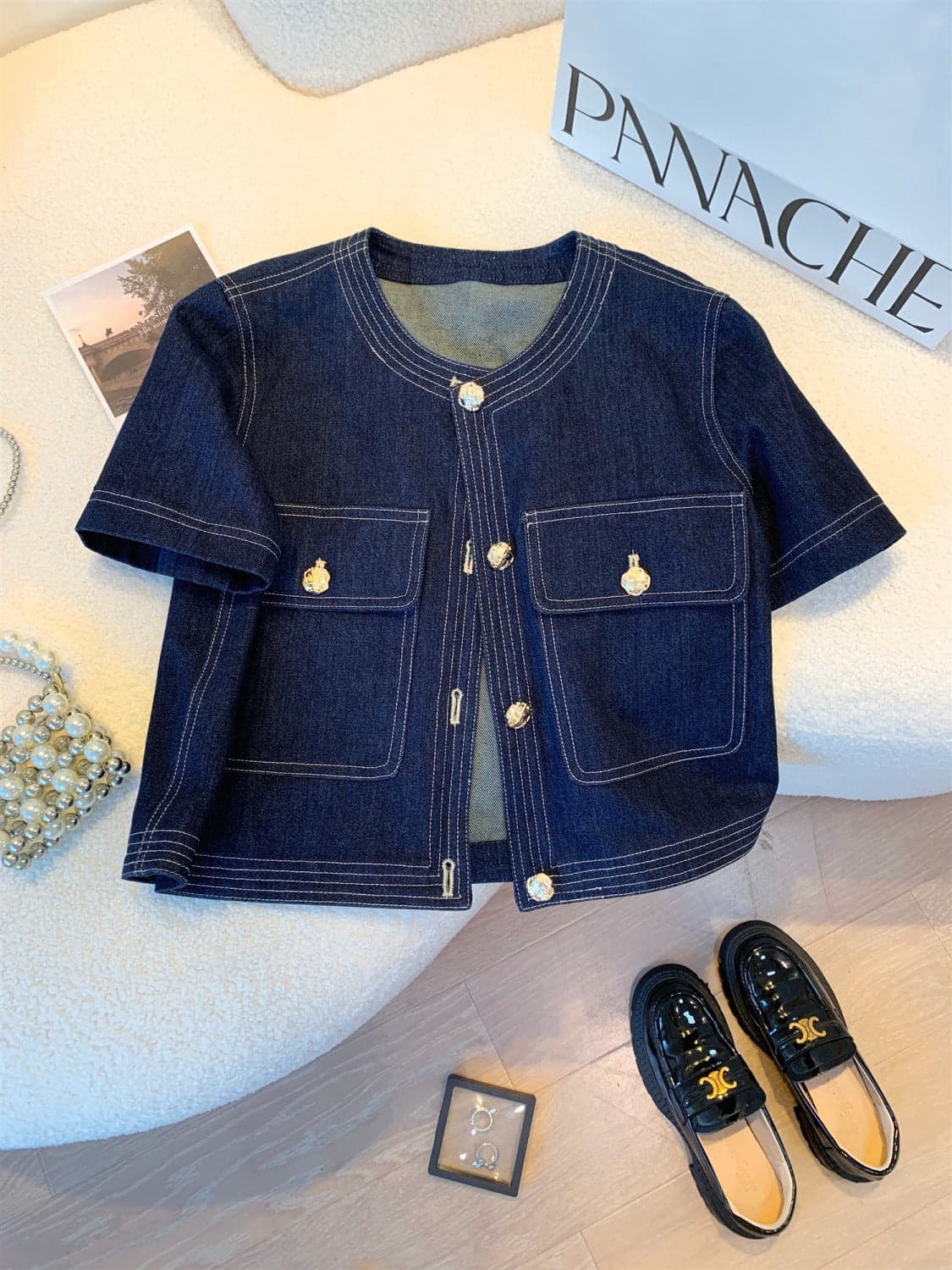 Women’s Vintage Chic Denim Short Sleeve Jacket – Round Neck Cropped Top