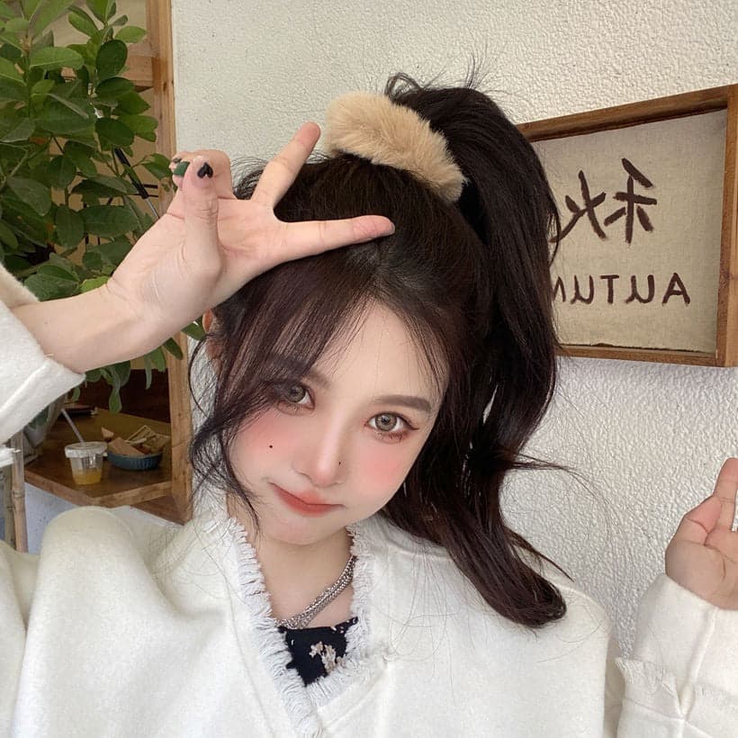 Latte Color Plush Hair Tie for Women - High Ponytail Rubber Band new Trend