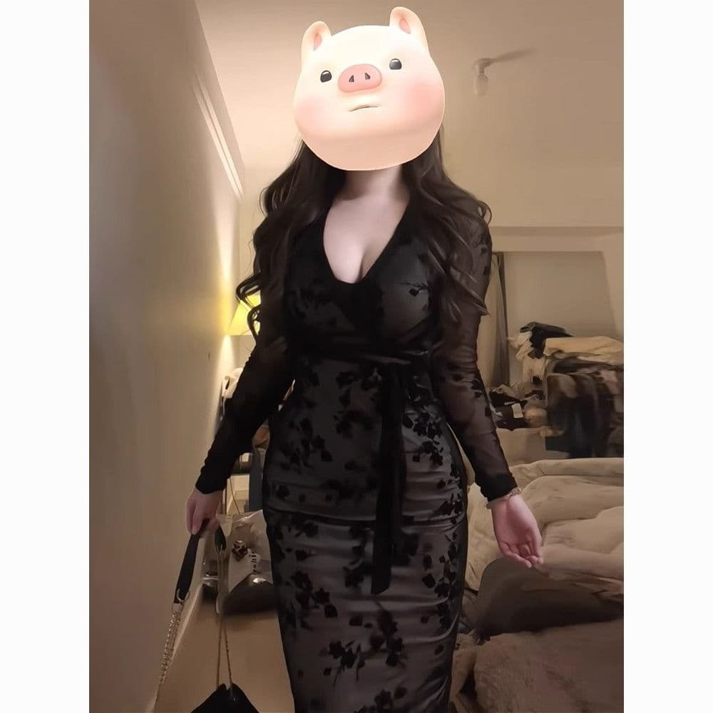Floral V-Neck Bodycon Long Sleeve Dress for Women – Tie Waist Slim Fit
