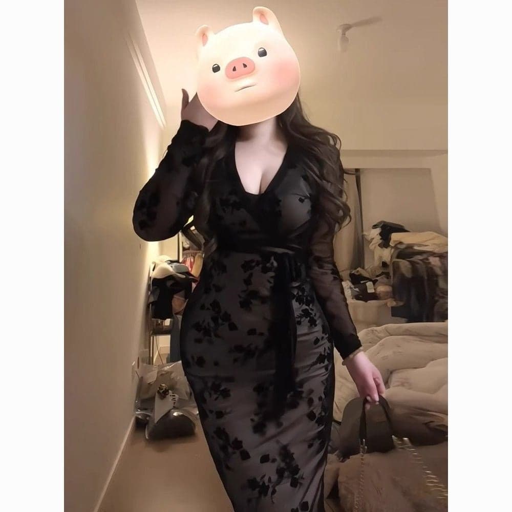 Floral V-Neck Bodycon Long Sleeve Dress for Women – Tie Waist Slim Fit