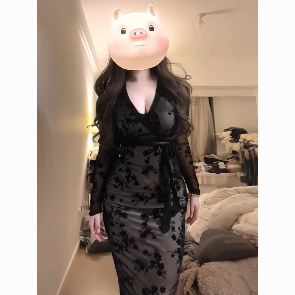 Floral V-Neck Bodycon Long Sleeve Dress for Women – Tie Waist Slim Fit