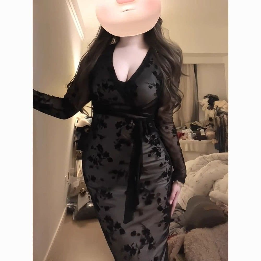 Floral V-Neck Bodycon Long Sleeve Dress for Women – Tie Waist Slim Fit
