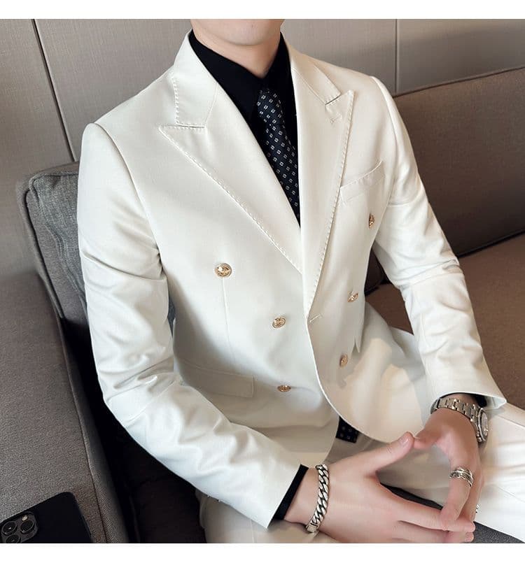 White Double-Breasted Men’s Suit 3-Piece Slim Fit Formal Tuxedo