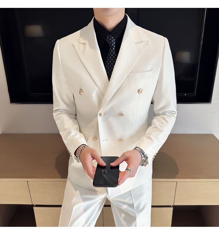 White Double-Breasted Men’s Suit 3-Piece Slim Fit Formal Tuxedo