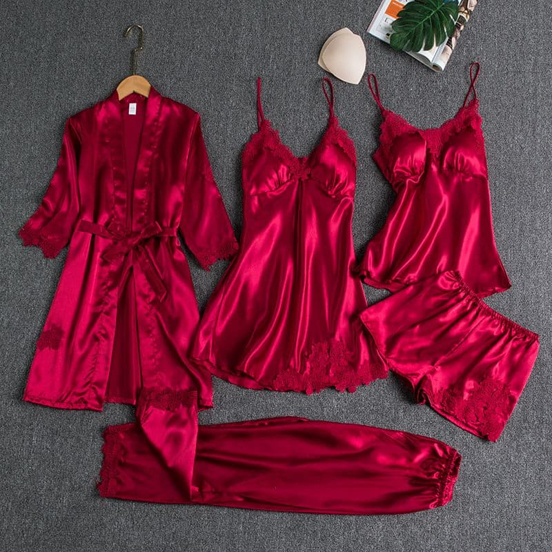 Silk 5-Piece Women's Sleepwear Set with Chest Pads – Camisole Dress, Robe & Loungewear
