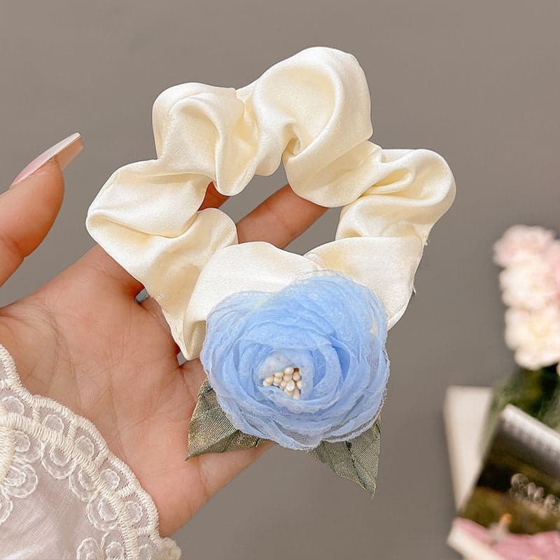 Rose Camellia Floral Scrunchie Hair Tie Elastic Hair Band