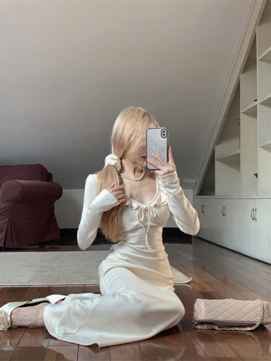 New Ruffled French Style Dress: High-End Coat with Bottoming Long Skirt for Women
