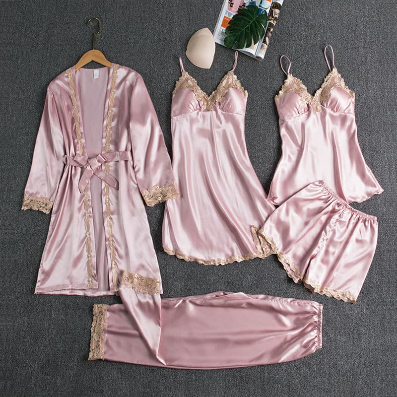Silk 5-Piece Women's Sleepwear Set with Chest Pads – Camisole Dress, Robe & Loungewear