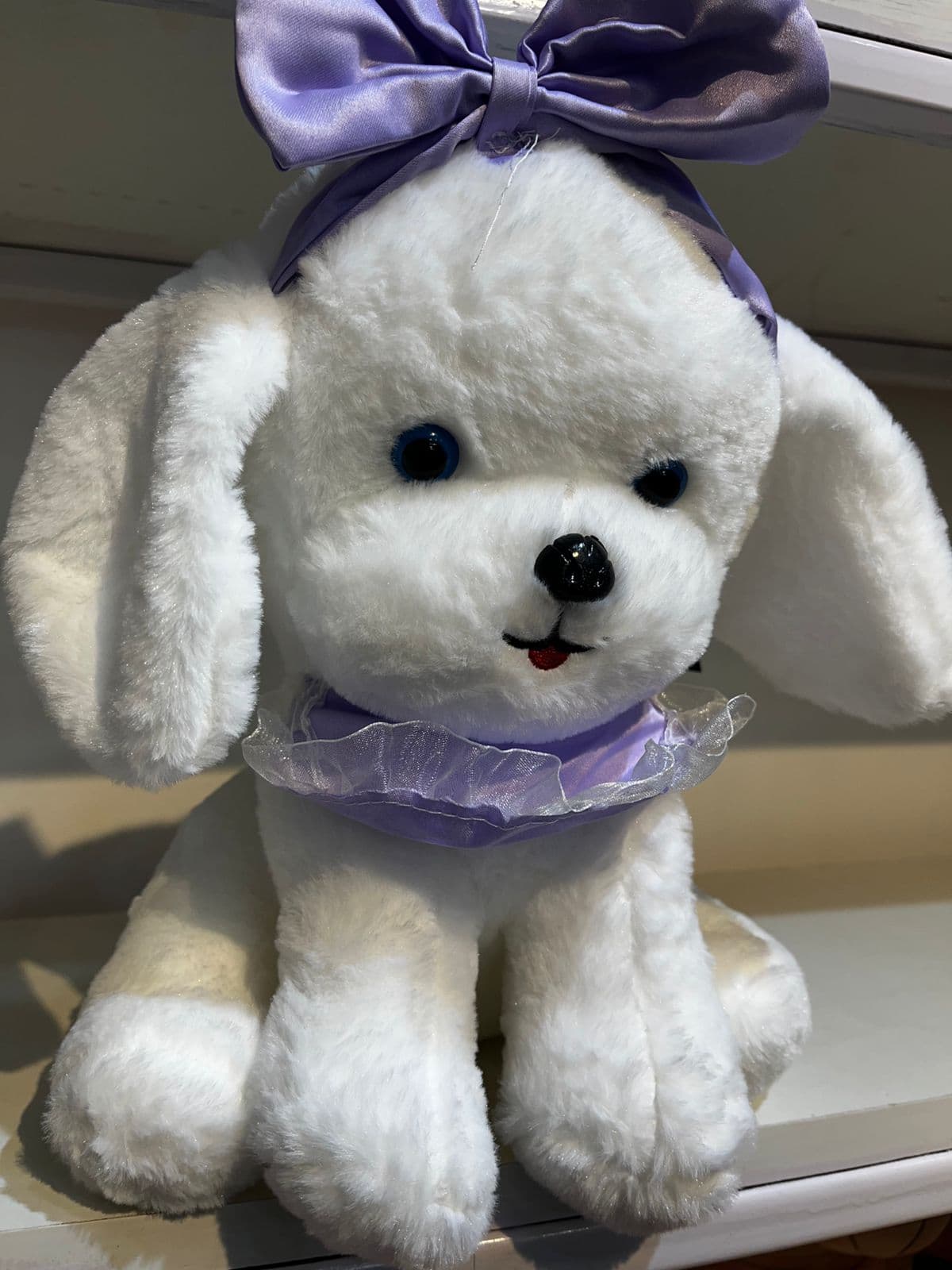 Adorable White Maltese Puppy Plush Toy – Soft Huggable Dog Stuffed Animal with Purple Bow