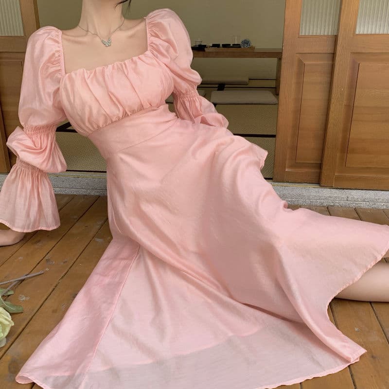 French style beautiful back puff sleeve square neck design strap A-line long dress