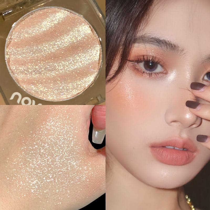 NOVO Highlighter Powder: Shimmer powder for brightening the face, creating a 3D contour, nose shadow, and side shadow. Fine shimmer and pearlescent finish, ideal for contouring.