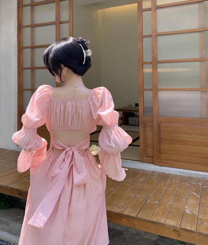 French style beautiful back puff sleeve square neck design strap A-line long dress