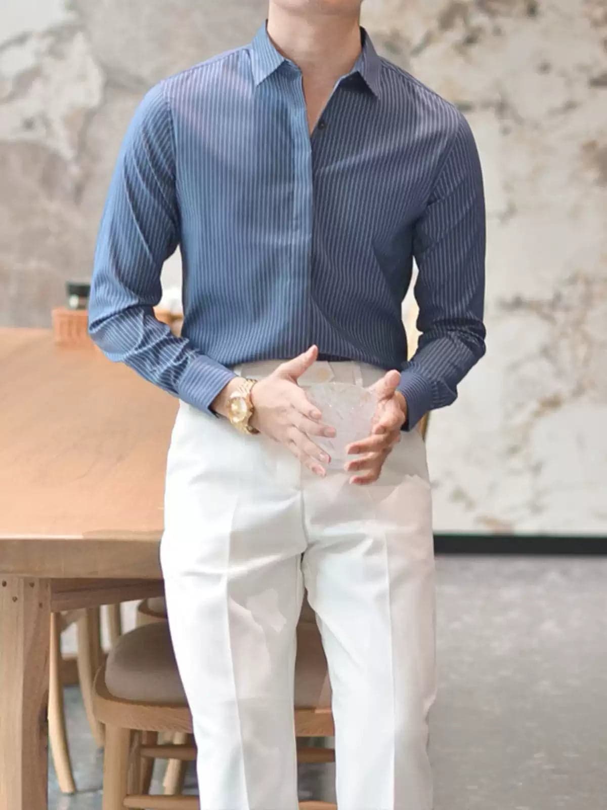 Men’s Wrinkle-Resistant Striped Shirt – Korean Style Hidden Button Smart Casual Dress Shirt