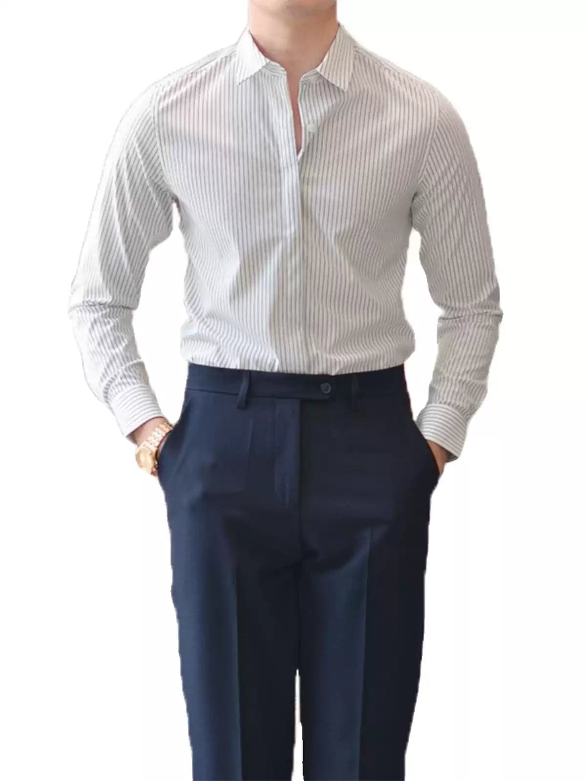 Men’s Wrinkle-Resistant Striped Shirt – Korean Style Hidden Button Smart Casual Dress Shirt