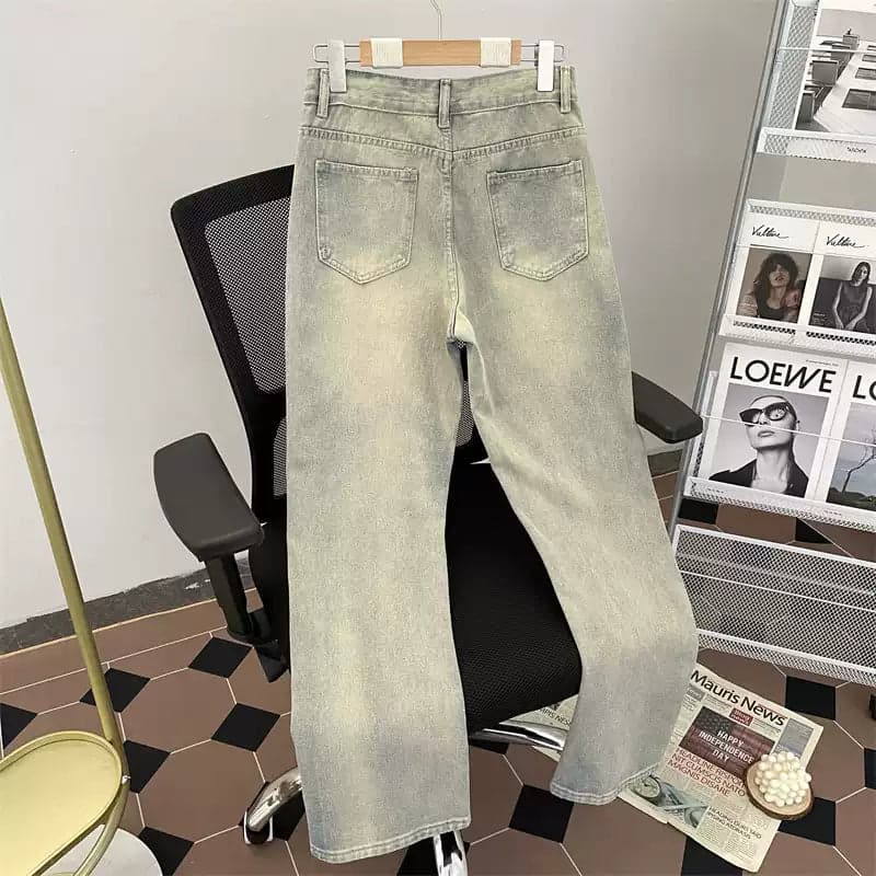 Men's Yellow Mud Washed Straight-Leg Jeans – Vibe Streetwear Loose Fit Distressed Denim
