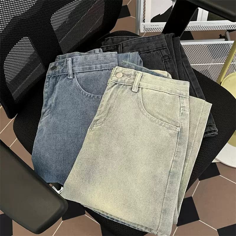 Men's Yellow Mud Washed Straight-Leg Jeans – Vibe Streetwear Loose Fit Distressed Denim