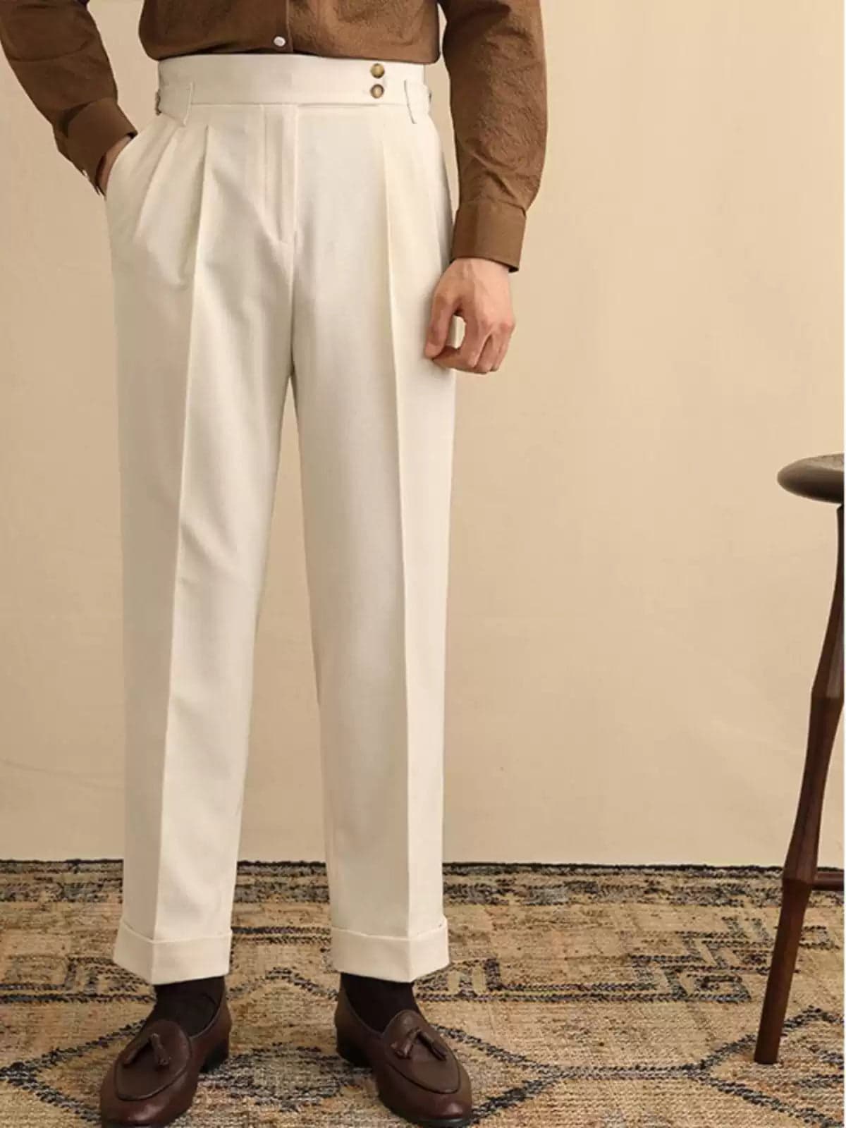 Men’s High-Waist Straight Trousers – Loose Fit Business Casual Pants with Paris Buckle